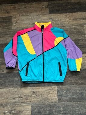 Vintage Funny Guy Mugs 80s 90s Color Block Windbreaker Jacket Teal Pink Small